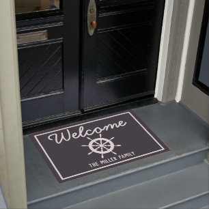 Nautical Dark Grey & Ship's Helm - Personalised Doormat