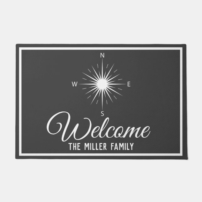 Nautical Dark Grey & White Compass - Personalised Doormat (Front)