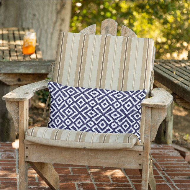 Nautical Dark Navy Blue White Ikat Squares Pattern Lumbar Cushion (Chair)