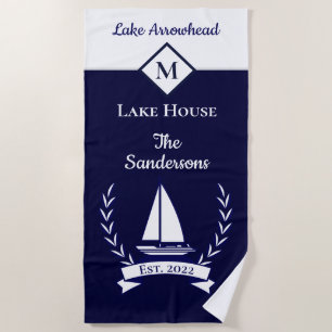 Nautical Dark Navy Blue White Monogram Lake House Beach Towel