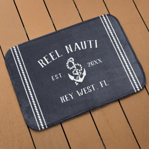 Nautical Dark Navy Rustic Anchor   Your Boat Name Bath Mat