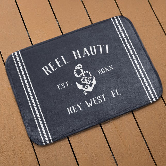 Nautical Dark Navy Rustic Anchor | Your Boat Name Bath Mat (Creator Uploaded)