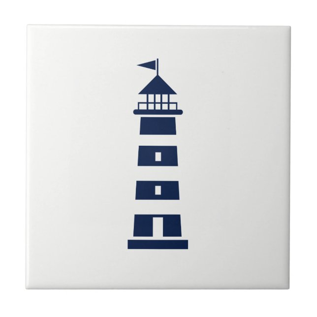 Nautical Decor -Blue Lighthouse on White Tile (Front)