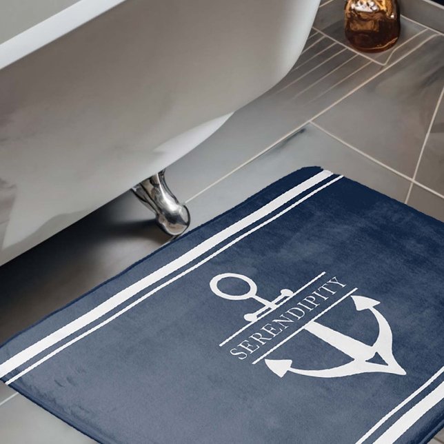 Nautical Decor Boat Anchor Navy White Personalised Bath Mat (nautical decor bath mat boat name custom personalized new owner gift white navy anchor)