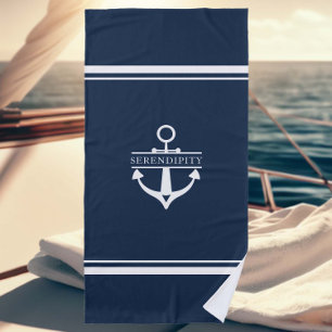 Nautical Decor Boat Anchor Navy White Personalised Beach Towel