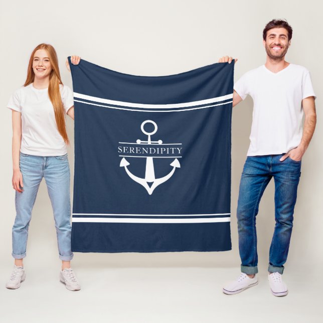 Nautical Decor Boat Anchor Navy White Personalised Fleece Blanket (In Situ)