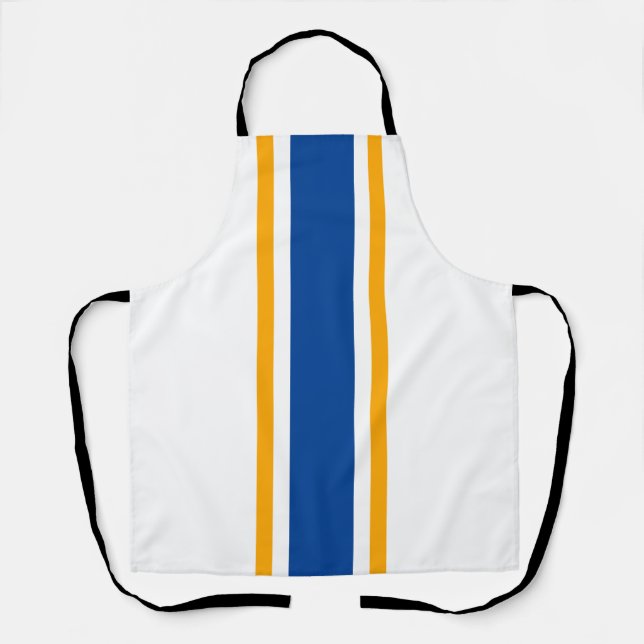 Nautical Deep Blue Yellow Racing Stripes On White Apron (Front)