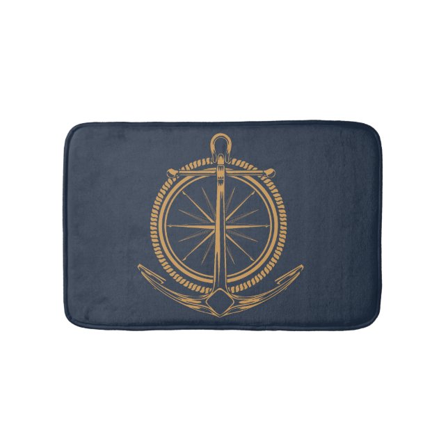 Nautical design with gold compass and anchor bath mat (Front)