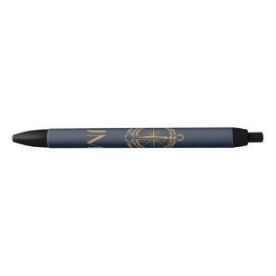 Nautical design with gold compass and anchor black ink pen