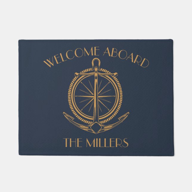 Nautical design with gold compass and anchor doormat (Front)