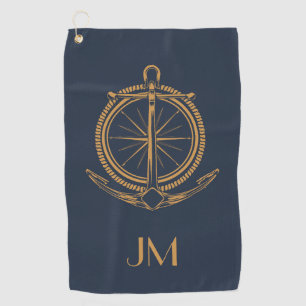 Nautical design with gold compass and anchor golf towel