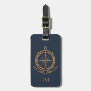 Nautical design with gold compass and anchor luggage tag