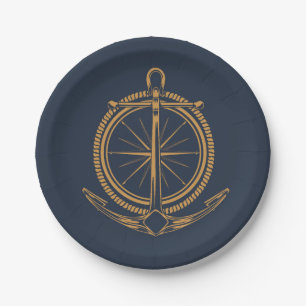 Nautical design with gold compass and anchor paper plate