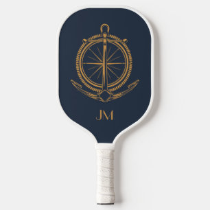 Nautical design with gold compass and anchor pickleball paddle