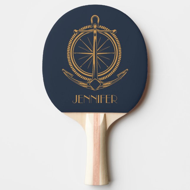 Nautical design with gold compass and anchor ping pong paddle (Front)