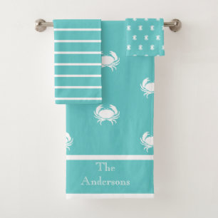 Nautical design with White Crab on Teal Blue Bath Towel Set