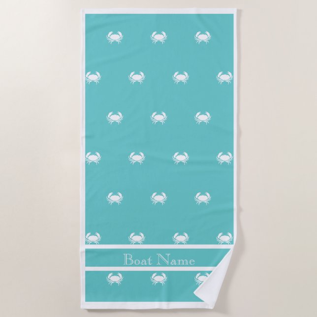 Nautical design with White Crab on Teal Blue Beach Towel (Front)