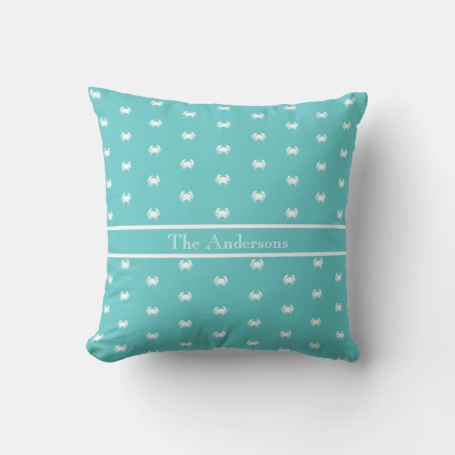 Nautical design with White Crab on Teal Blue Cushion (Front)