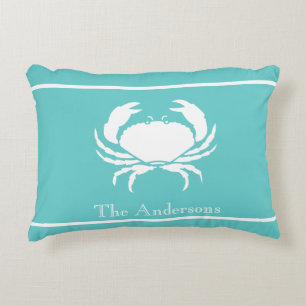 Nautical design with White Crab on Teal Blue Decorative Cushion