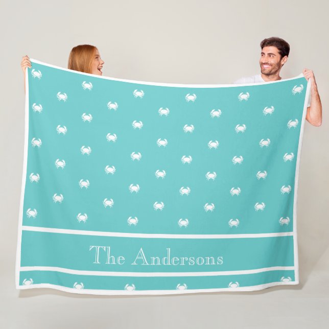 Nautical design with White Crab on Teal Blue Fleece Blanket (In Situ)