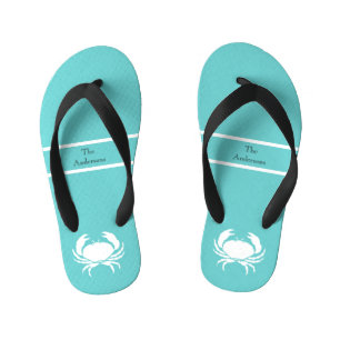 Nautical design with White Crab on Teal Blue Kid's Flip Flops