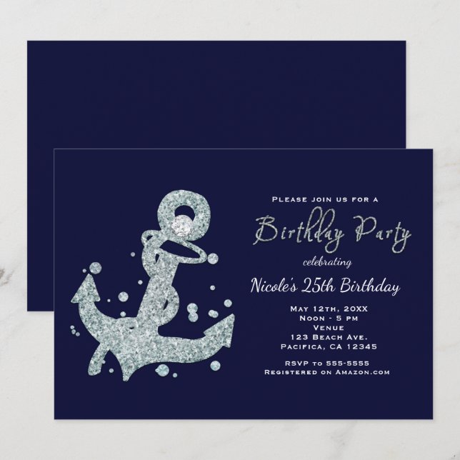 Nautical Diamond Anchor BIRTHDAY PARTY Invitations (Front/Back)