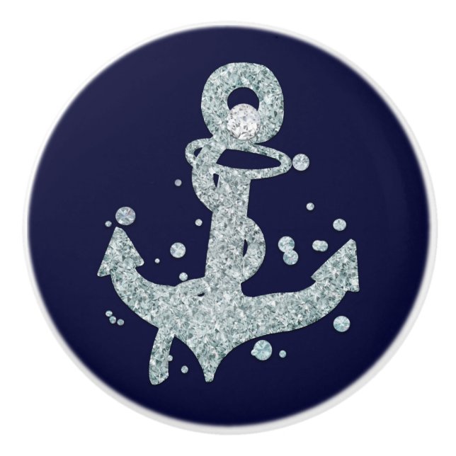 Nautical Diamond Anchor Bling Glam Beach Chic Ceramic Knob (Front)