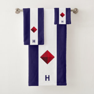 Nautical diamond & monogram on blue & white bath towel set