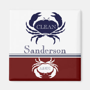 Nautical Dishwasher Clean Burgundy Navy Blue Crab Magnet