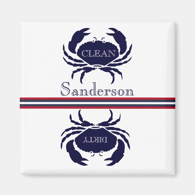 Nautical Dishwasher Clean Red White Blue Crab Magnet (Front)