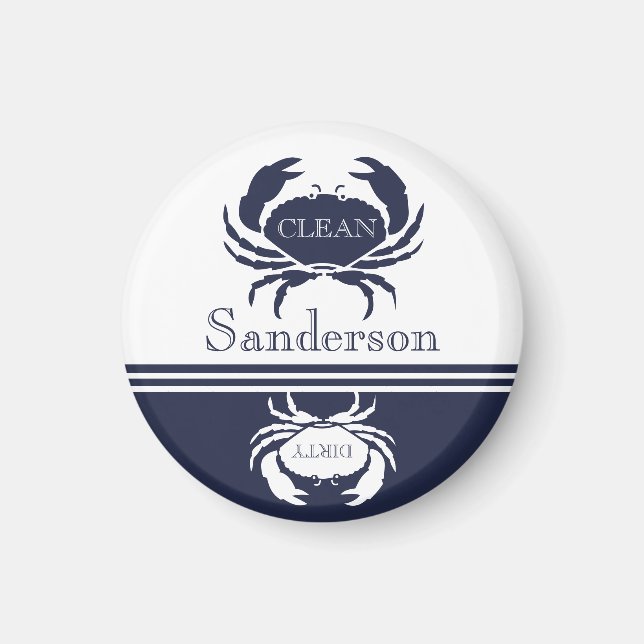 Nautical Dishwasher Clean White Navy Blue Crab Magnet (Front)