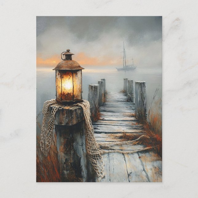 Nautical Dock and Lantern Watercolor Art Postcard (Front)