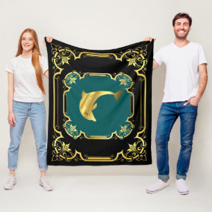 Nautical dolphin gilded black/gold/aqua fleece blanket