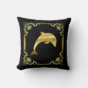 Nautical dolphin jumping silhouette/gold/black cushion