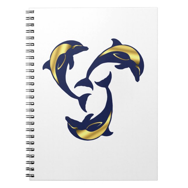 Nautical dolphin navy blue gold silhouette notebook (Front)