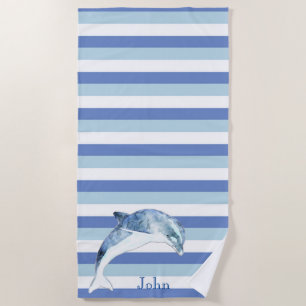 Nautical Dolphin Navy Blue Stripe Beach Towel