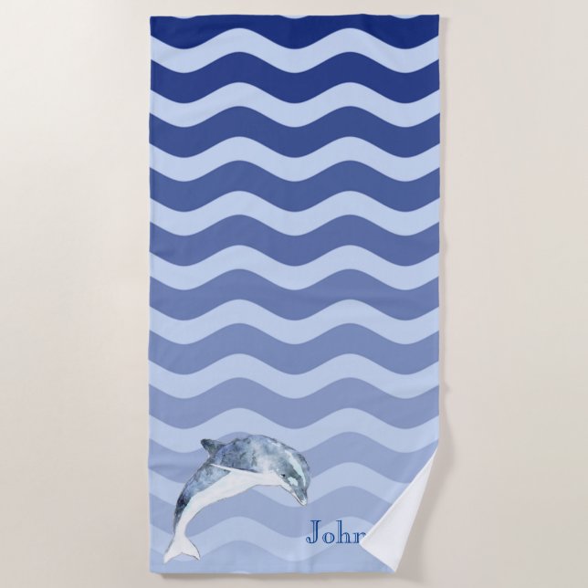 Nautical Dolphin Navy Blue Stripe Waves Beach Towel (Front)