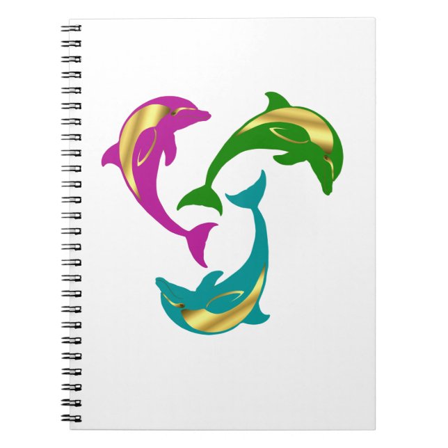 Nautical dolphin pink/aqua/green gold notebook (Front)