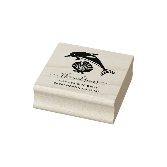 Nautical Dolphin & Seashell Return Address Rubber Stamp (Stamp)