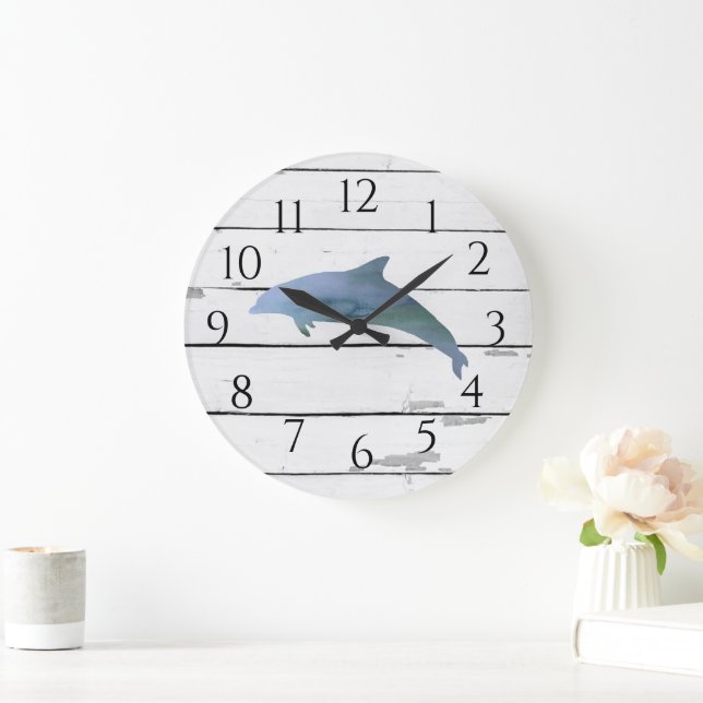 Nautical Dolphin Shiplap Beach Rustic Decor Large Clock (Home)
