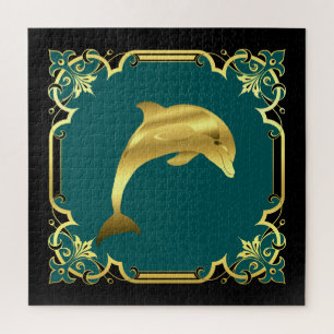 Nautical dolphin silhouette/gold/black/aqua jigsaw puzzle