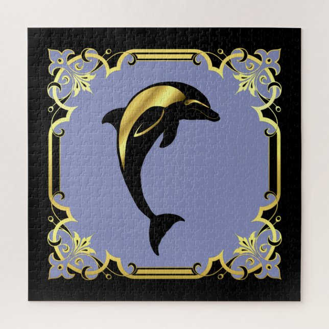 Nautical dolphin silhouette/gold/black/black jigsa jigsaw puzzle (Vertical)