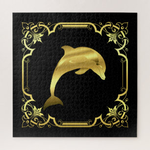 Nautical dolphin silhouette/gold/black/black jigsaw puzzle