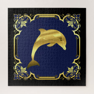 Nautical dolphin silhouette/gold/black/navy jigsaw puzzle