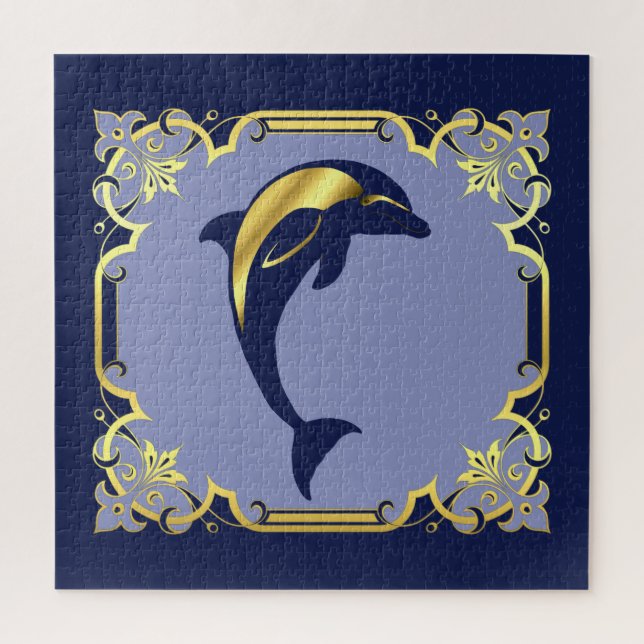 Nautical dolphin silhouette/gold/navy blue jigsaw puzzle (Vertical)