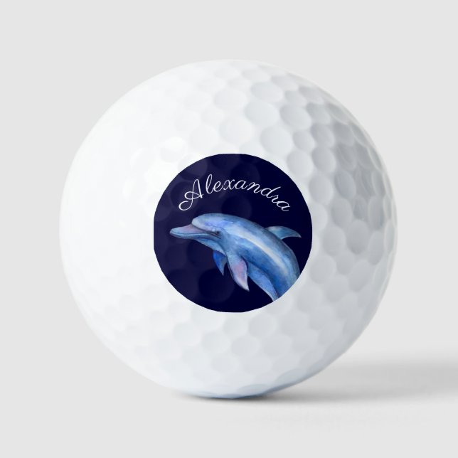 Nautical Dolphin Watercolor Navy Blue Coastal  Bot Golf Balls (Front)