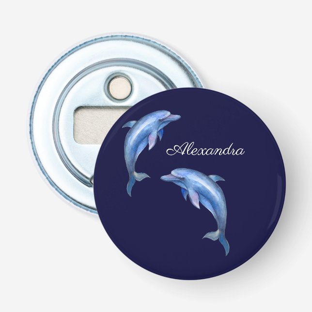 Nautical Dolphin Watercolor Navy Blue Coastal  Bottle Opener (Front)