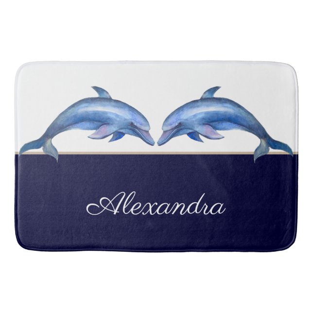 Nautical  Dolphin Watercolor White Navy Blue Name Bath Mat (Front)