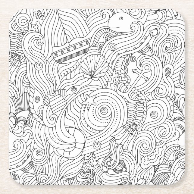 Nautical Doodle Square Paper Coaster (Front)