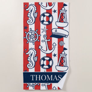 Nautical Doodles – Red & Navy Coastal Stripe Beach Towel